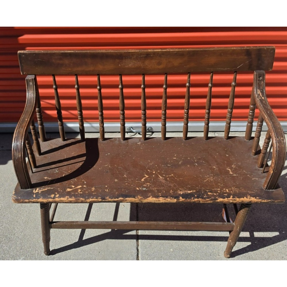 Antique Brown Wooden Windsor Bench Settee Spindle Back Rustic Armrest